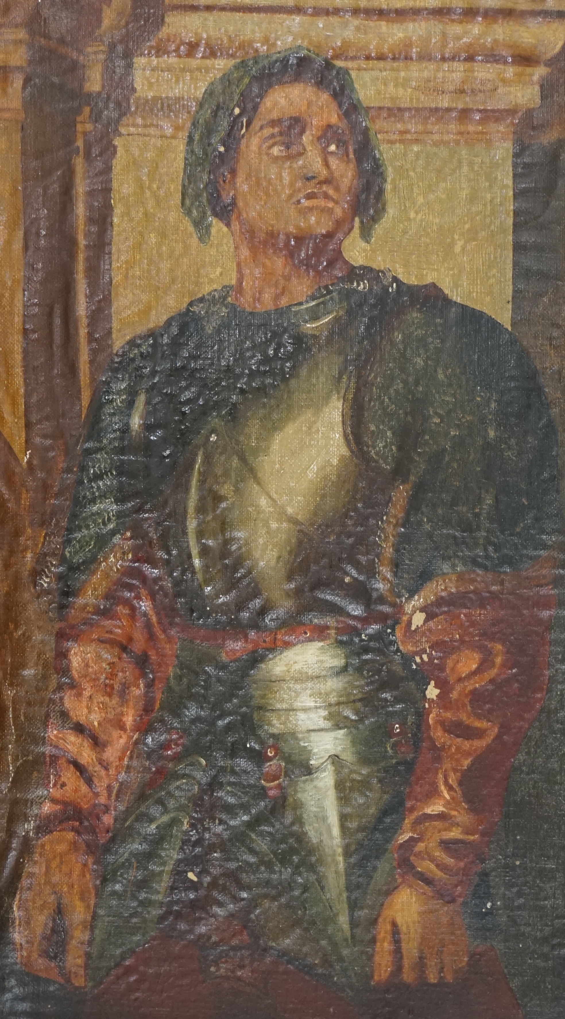 After Frederic Leighton (1830-1896), oil on canvas laid on board, Study of an Italian soldier, 28 x 16cm. Condition - poor